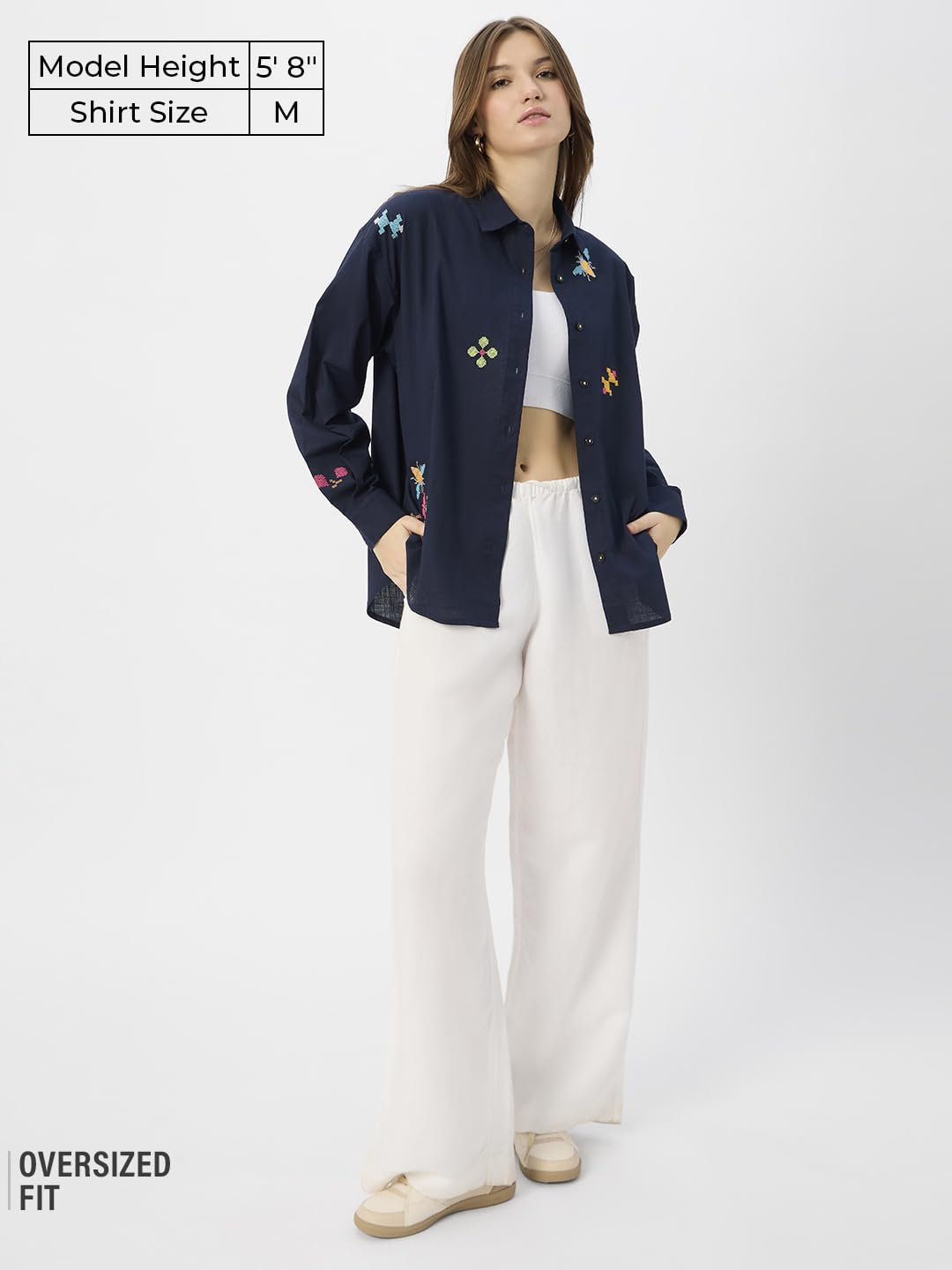 The Souled Store Gardenia Women and Girls Long Sleeve Collared Neck Button Down Boyfriend Shirts Navy Blue