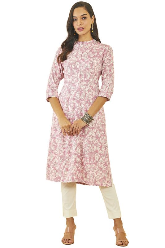 Soch Womens Pink Rayon Paisley Print Straight Kurta With Front Button-Placket