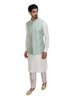 Manyavar Green Art Silk Embroidered Celebration Kurta Jacket Set With Mandarin Collar