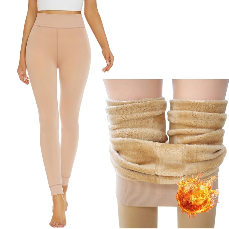 Lebami WomenS Fleece Thermal Leggings | Winter Warm Tights | Stretchable High Waist Bottom Pants(Beige,L)