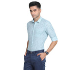 Turtle Men Cotton Linen Sky Blue Printed Slim Fit Full Sleeve Formal Shirt