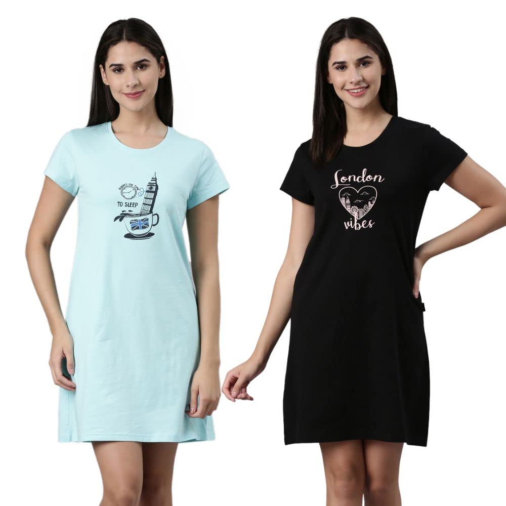 Pepe Jeans Cotton Knee-Length Nighty, Nightdress, Gown For Women | Comfortable Soft Printed Sleepwear - Mint|Black - Xl (Pack Of