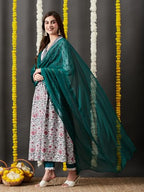 ANNI DESIGNER Womens Cotton Blend Anarkali Printed Kurta with Pant & Dupatta (TOKI White_M_White_Medium)