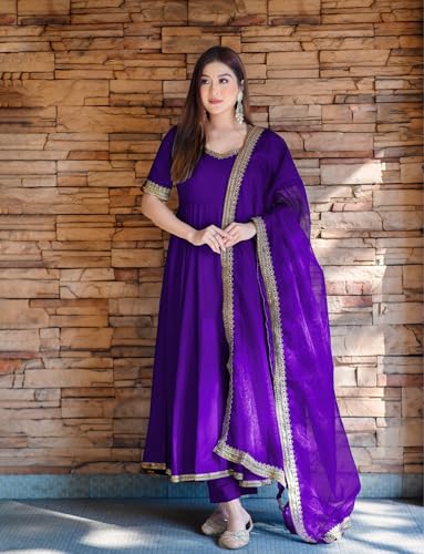 ANNI DESIGNER Womens Rayon Blend Anarkali Solid Kurta with Pant & Dupatta (Shyam BEGANI-VKS01_S_Begani_Small)