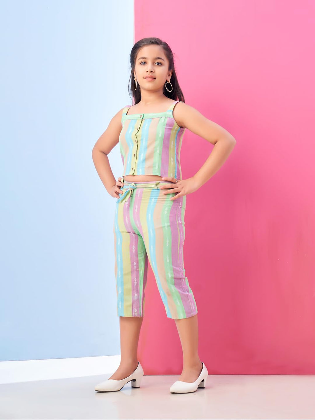 Aarika Girls Casual Wear Turquoise Colour Stripes Print Cotton Top & Pant With Belt-3-11 Years (DR-TR-K-989)