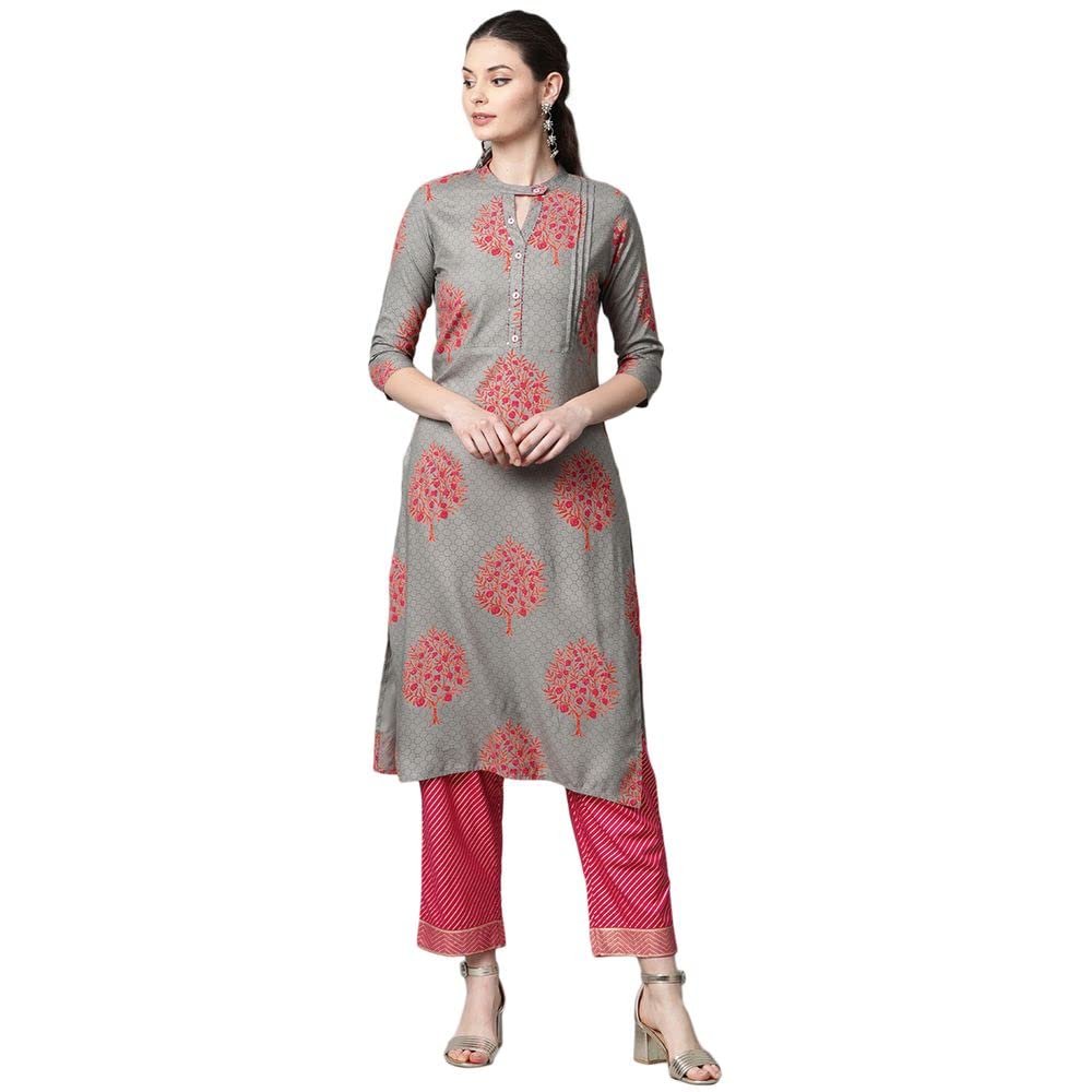 Anubhutee Women'S Rayon Grey Floral Printed Straight Kurta Suit Set With Pants