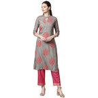 Anubhutee Women'S Rayon Grey Floral Printed Straight Kurta Suit Set With Pants