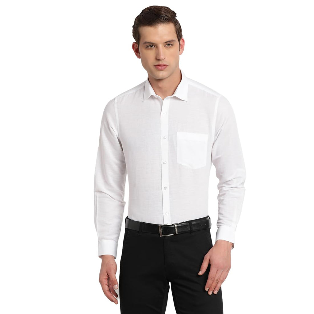 Turtle Men Cotton Linen Regular Fit Solid Full Sleeve Formal Shirt White