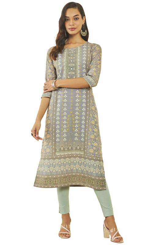 Soch Womens Grey Muslin Botanical Print Straight Kurta With Mirror Work