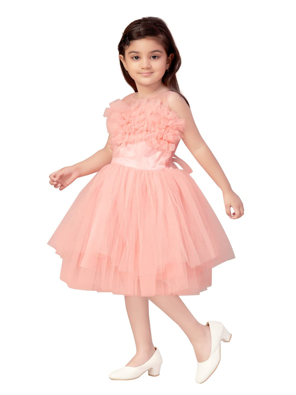 Aarika Girls Nylon Fit and Flare Knee-Length Dress (FK-1655_Peach