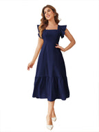 Shasmi GirlS & WomenS Solid Navy Blue Color Square Neck, Ruffle-Trimmed Hem Sleeveless, Ruffle Armhole And Casual Dress With C
