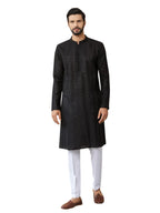 See Designs MenS Long Sleeve Mandarin Collar Side Slit Black Embroidered Thread Work Sequinned Chanderi Silk Straight Kurta - S