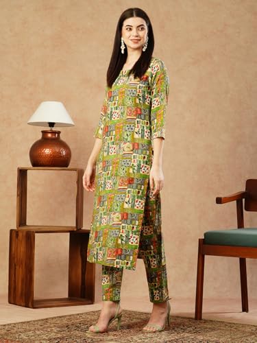 ANNI DESIGNER Womens Cotton Blend Straight Printed Kurta with Pant (ING 10 Green_L_Green_Large)