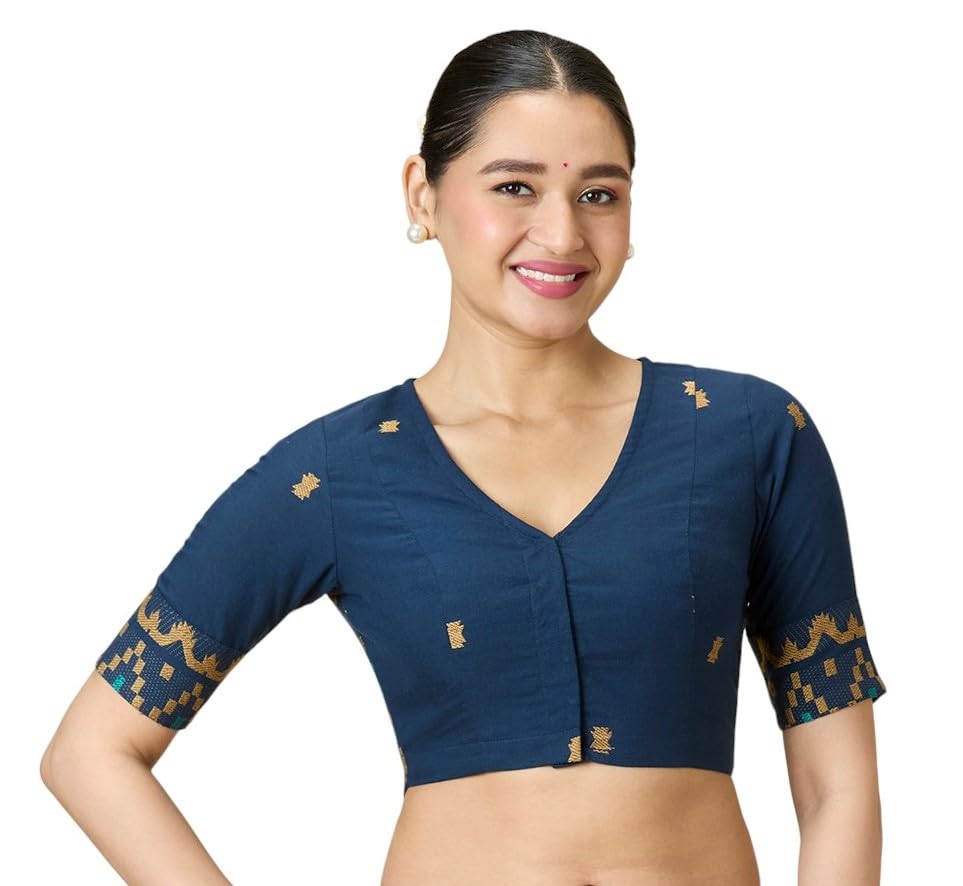 Studio Shringaar WomenS Navy Blue Handloom Cotton Jamdani Border Readymade Saree Blouse (Navy Blue, 34) 34