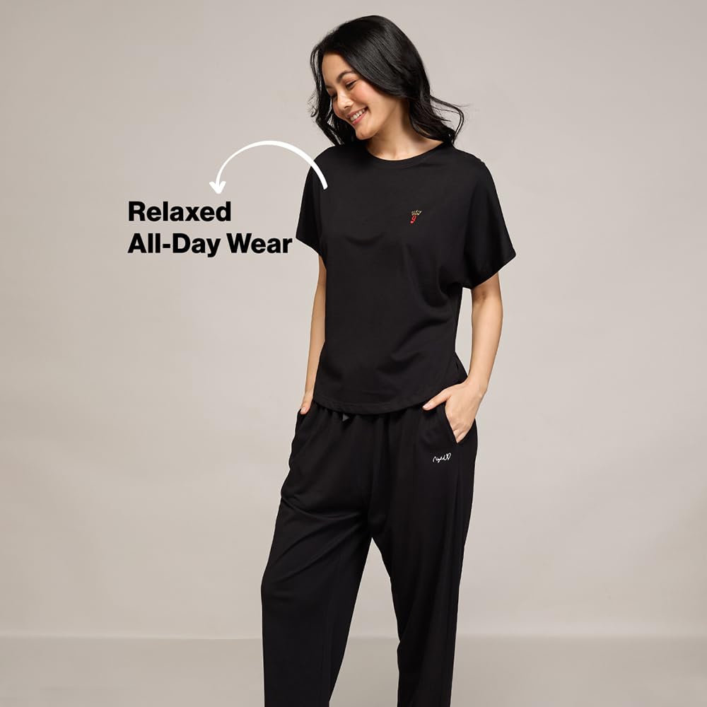 NYKD (NYS932 Soft Modal Cotton Coords Night Suit for Women | Relaxed Fit Round Neck T-Shirt with Extended Shoulder Sleeves & Pyj