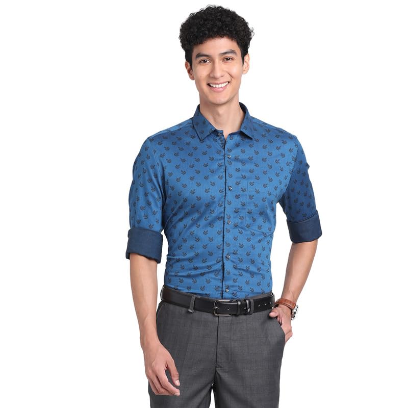 Turtle Men 100% Cotton Blue Printed Slim Fit Full Sleeve Ceremonial Shirt