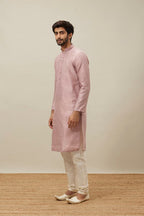 Manyavar Kurta Set For Men, Full Sleeves Mandarin Collar Ethnic Kurta & Payjama Set Art Silk All Over Self Design Set (Dusty Pin