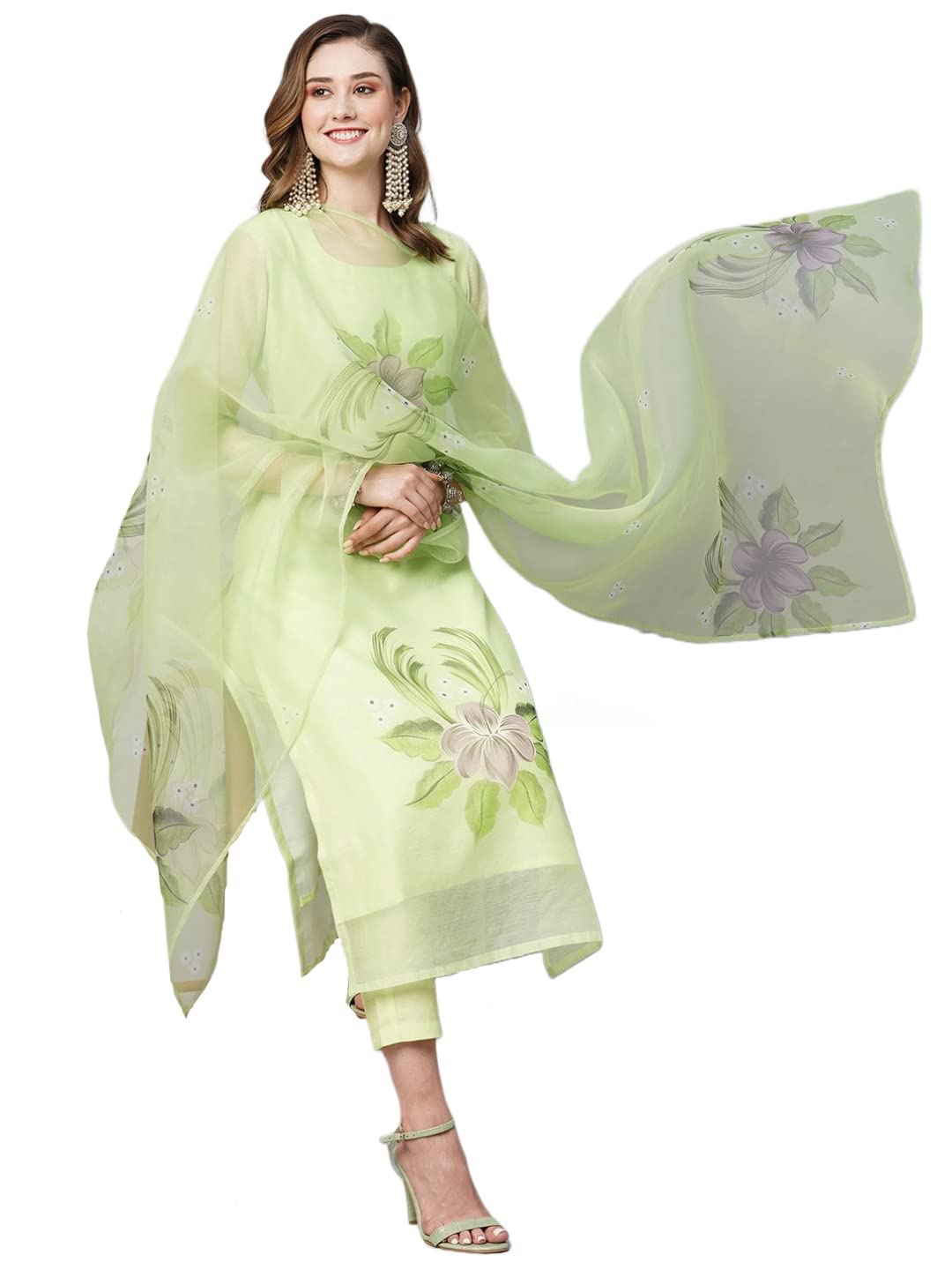 ANNI DESIGNER Womens Chanderi Cotton Straight Printed Kurta with Pant & Dupatta (Idika Green-NW_L_Green_Large)