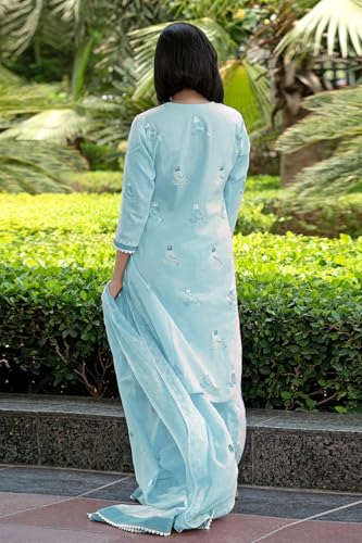 ANNI DESIGNER Womens Rayon Blend Hand Block Printed Straight Kurta with Pant & Dupatta (RAGSRI ICE BLUE-VKS04_XL_Sky Blue_X-Lar