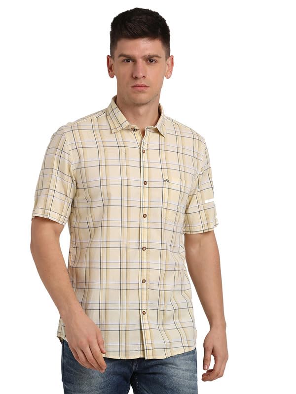 Turtle Men 100% Cotton Khaki Check Slim Fit Halfl Sleeve Casual Shirt