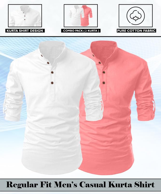 Finivo Fashion Combo Of MenS Regular Fit Cotton Blend Solid Full Sleeves Kurta | Short Kurta For Men (Pack Of 2)