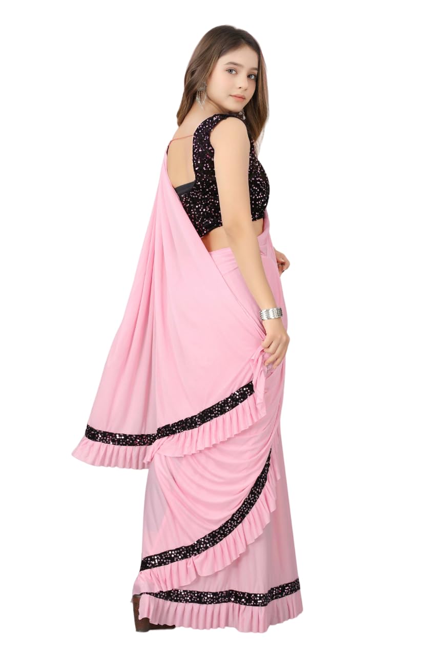 Dhyey Fashion Fashionable Baby Girls Lycra Blend Saree With Velvet Unstitched Blouse Piece | Readymade Saree For Girls | Sarees