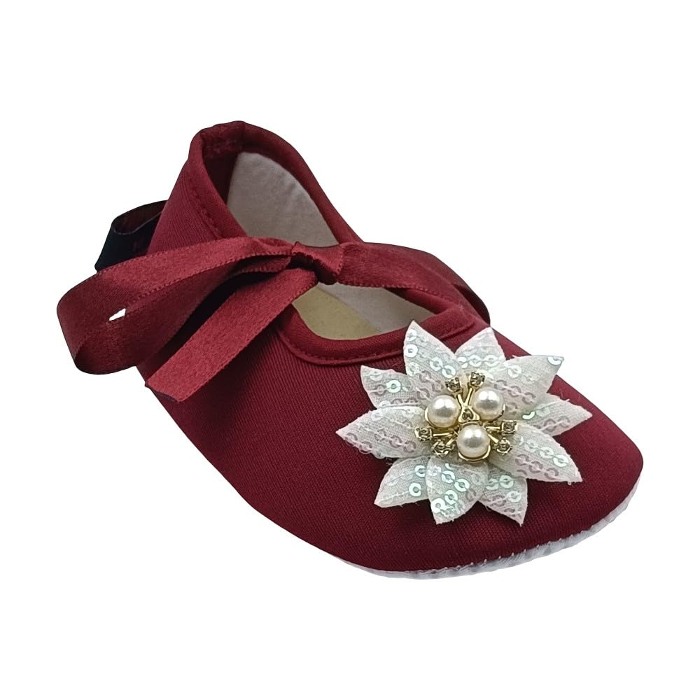 Rsmart, Baby Girls & Boys Maroon Colour Soft Sole Shoes With Lace Flower 18-24
