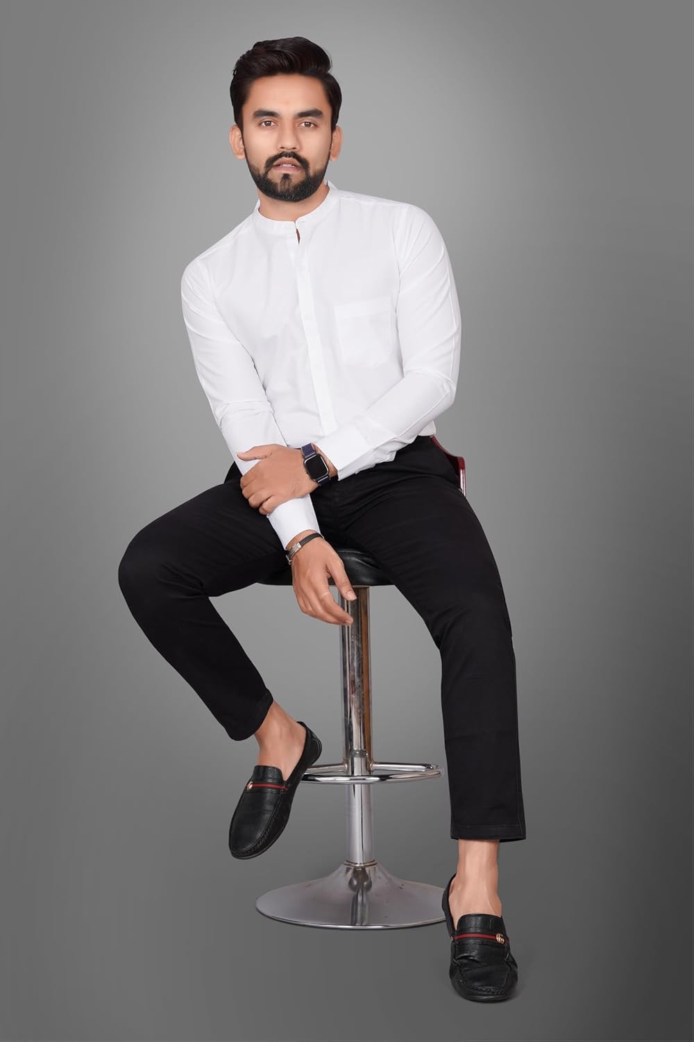 Besix MenS Regular Fit Solid Cotton Shirt | Chinese Collar | Casual | Plain | Branded | Mandarin Collar | Full Sleeve | Summer