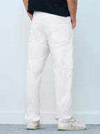 The Souled Store Mens Cargo Jeans: White Men and Boys Buttoned Solid Cotton Blend Straight Fit Cargo Jeans