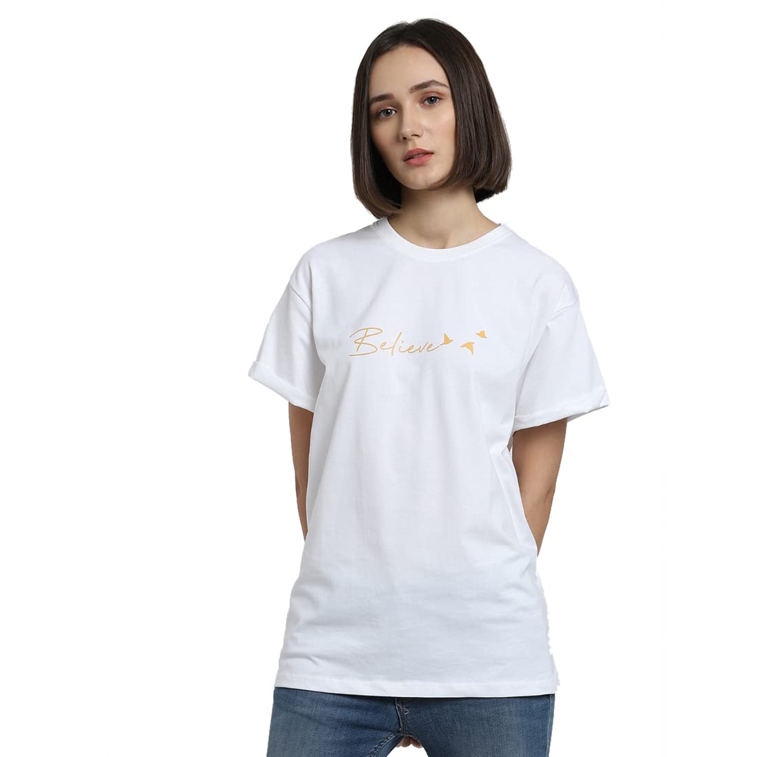 Bewakoof Women Minimal Believe Boyfriend White Half Sleeve Round Neck Printed T-Shirt