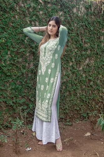 ANNI DESIGNER Womens Rayon Blend Straight Chikankari Embroidered Kurta (Victoria Green_L_White_Large)