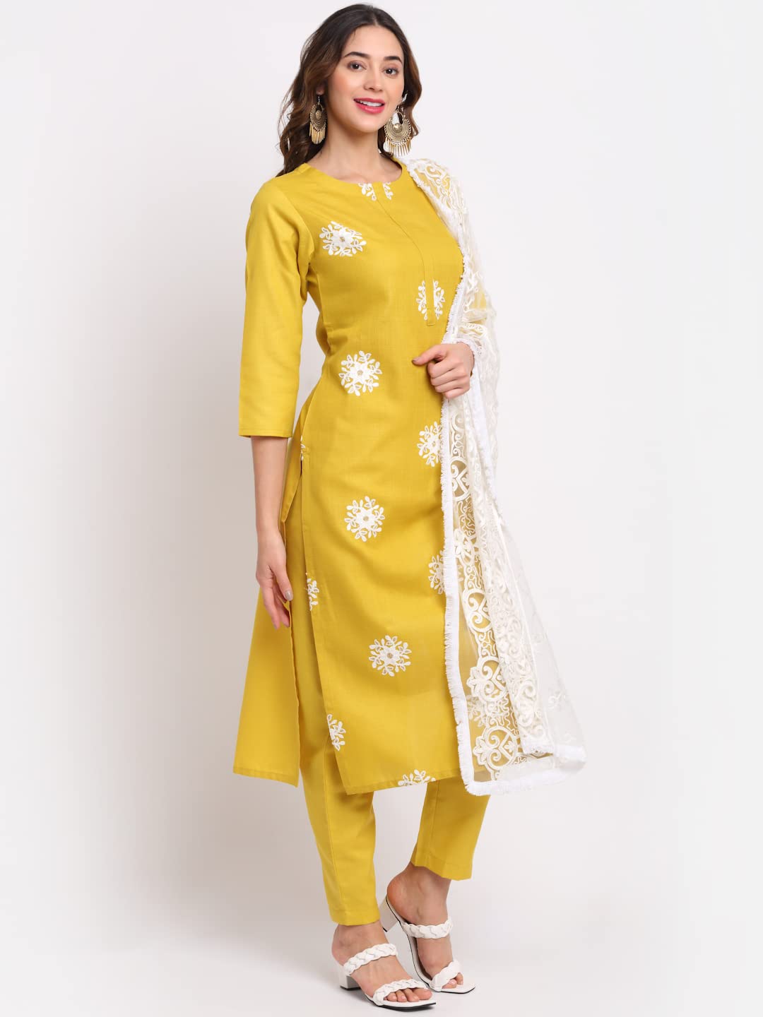 ANNI DESIGNER Womens Cotton Straight Kurta with Pant & Dupatta (KPTD-COT-10003-YELLOW_L_Yellow_Large)