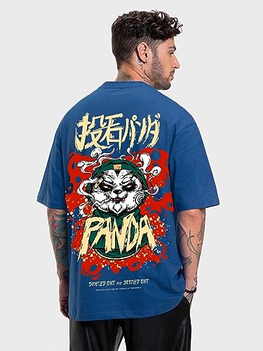 Bewakoof MenS Stoned Panda Graphic Printed Cotton T-Shirt - Oversized Fit, Round Neck, Half Sleeves_592041_Blue_M