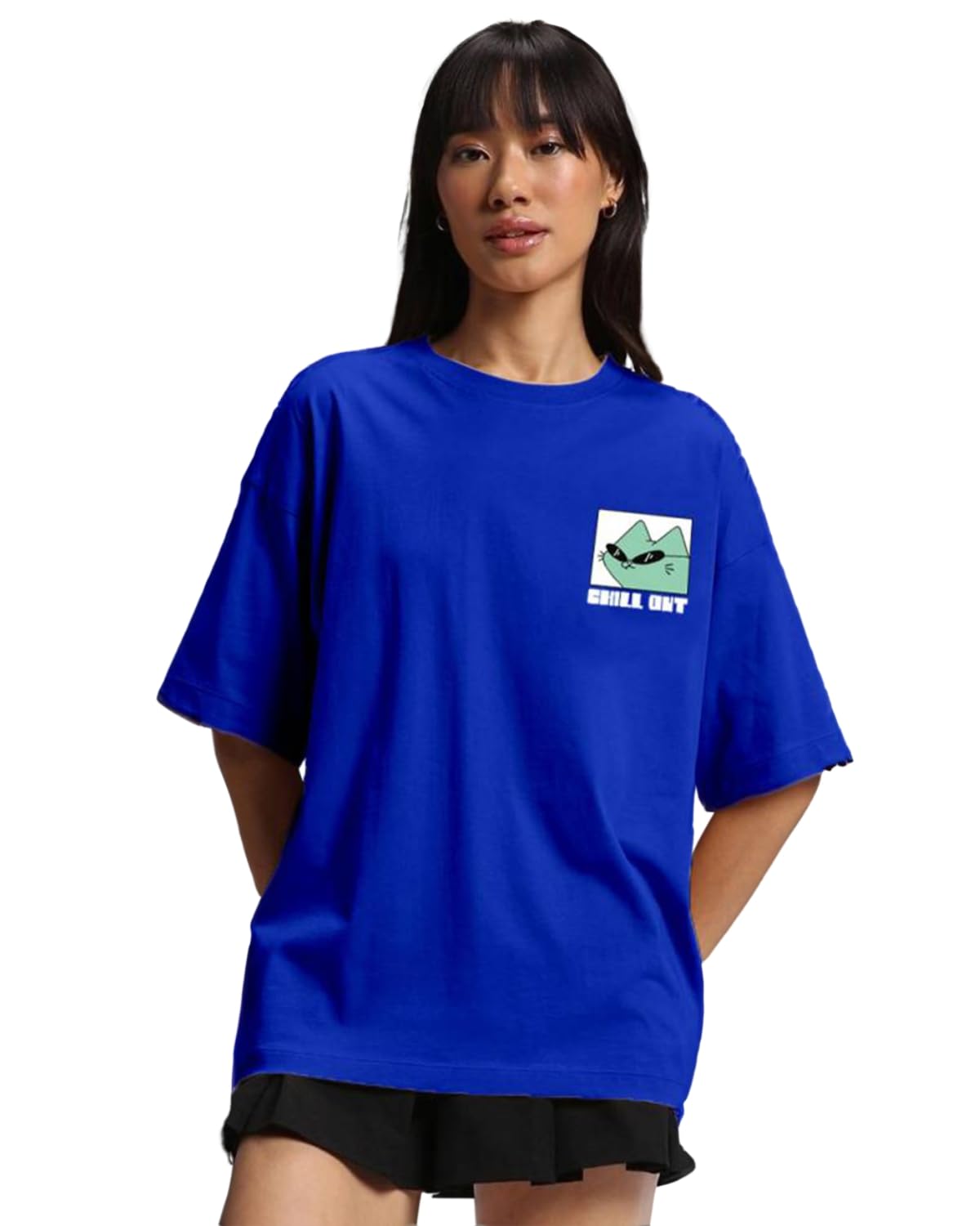 Juneberry Oversize Loose Baggy Fit Drop Shoulder Cool And Stylish Latest Chill Out Pocket Print Design Royal Blue Half Sleeve T-