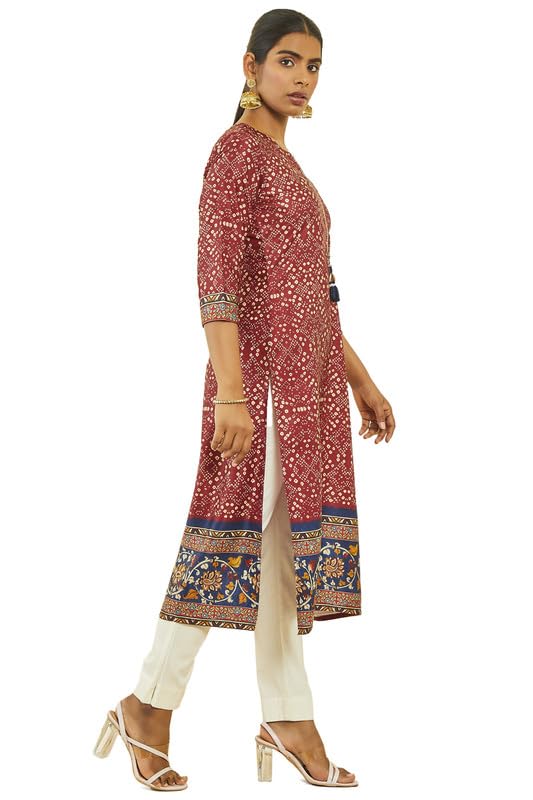 Soch Womens Maroon Satin Bandhani Print Kurta With Tassels