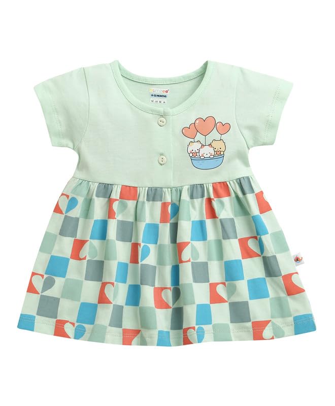 BUMZEE Baby Girls Cotton Round Neck Half Sleeves Graphic Print Above Knee Length Frock/Dress Mint Green - 6-12 Months (Peb11187C
