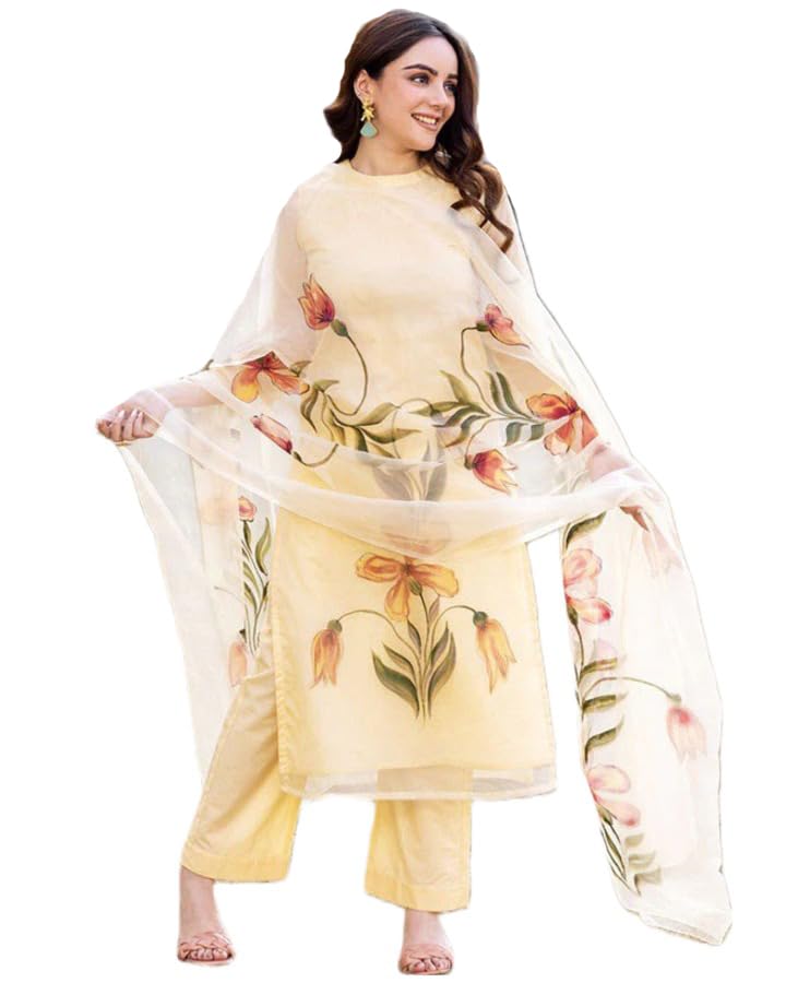 ANNI DESIGNER Women's Chanderi Cotton Straight Printed Kurta with Pant & Dupatta (FALAK-Cream-SM_XXL_Cream_XX-Large)