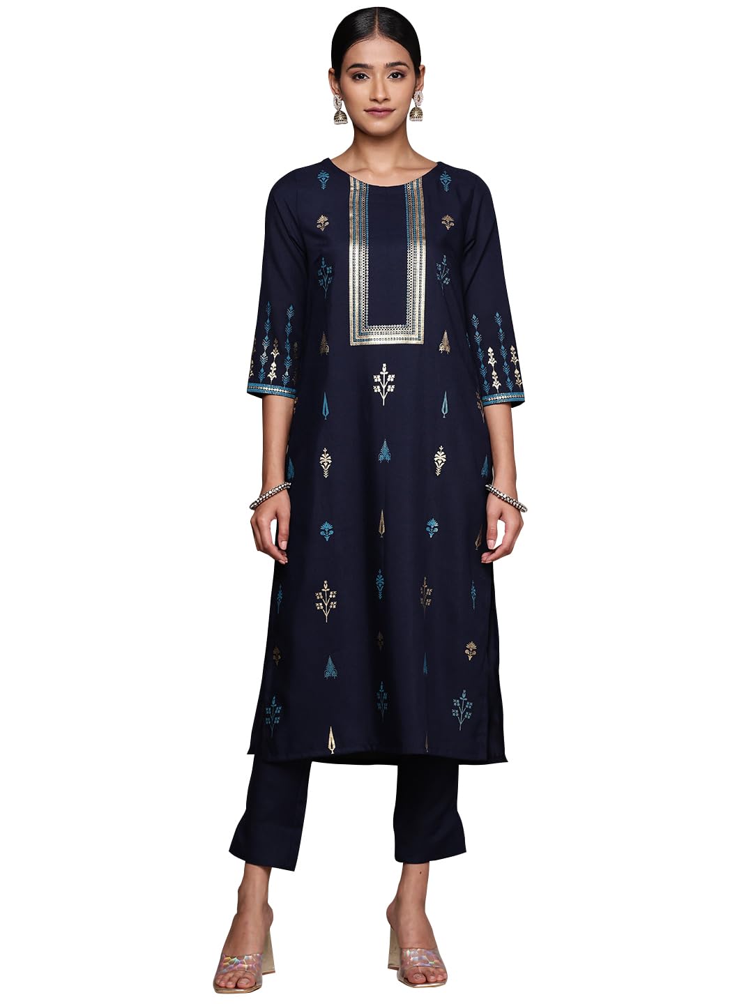 Ziyaa Women'S Navy Blue Rayon Straight Kurta Pant Set (Zikury3984Andpl-S)
