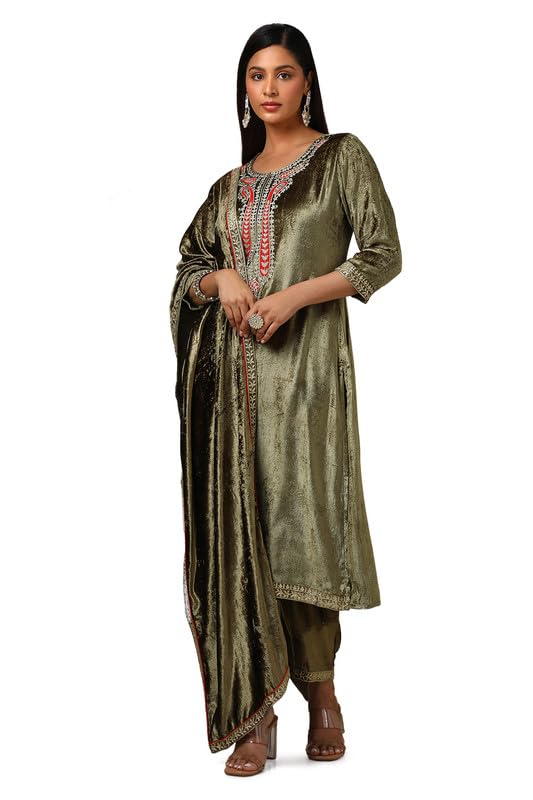 Soch Women Embroidered Velvet Straight Suit Set with Dupatta