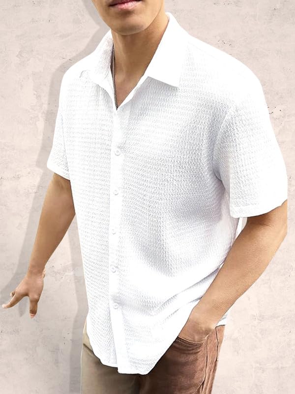 Tee Projekt Mens Popcorn Shirt Texture Pattern Mens Casual Shirt Half Sleeves Goa Beach Summer Shirt White