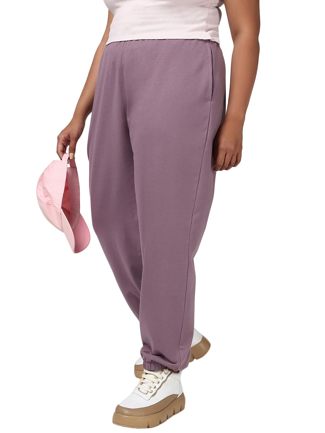 Bewakoof Womens Solid Oversized Fit Cotton Terry Plus Size Cargo Joggers_649923_Purple_6XL