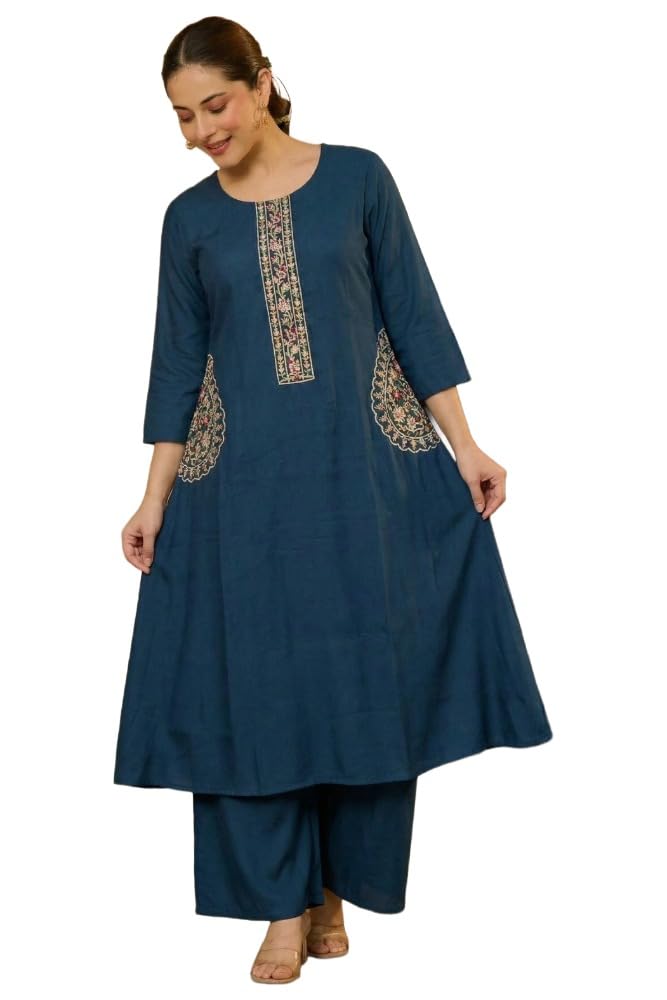 Anni Designer WomenS Viscose A-Line Embroidered Kurta With Palazzo (Chinta Blue_S_Blue_Small)