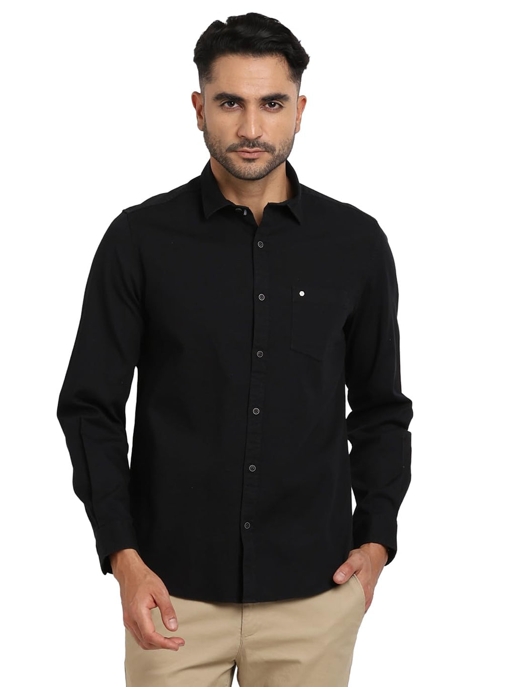Turtle Men 100% Cotton Black Self Design Slim Fit Casual Shirt