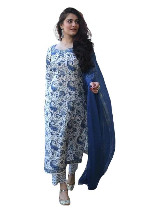 Pinkmint Women Straight Rayon Printed Kurta And Pant Set With Dupatta Ll Ll Event Wear Light Blue