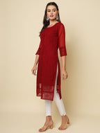 Vairagee WomenS Georgette Straight Cut Round Neck Kurta With Beautiful Lucknowi Chickankari Work (1631) Red