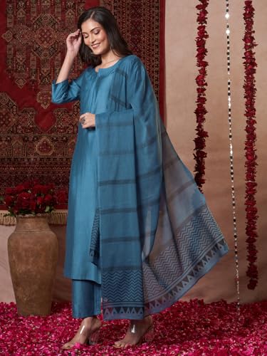 ANNI DESIGNER Womens Rayon Viscose Solid Straight Kurta with Pant & Dupatta (Raja Saab Light Blue-VKS14_M_Light Blue_Medium)