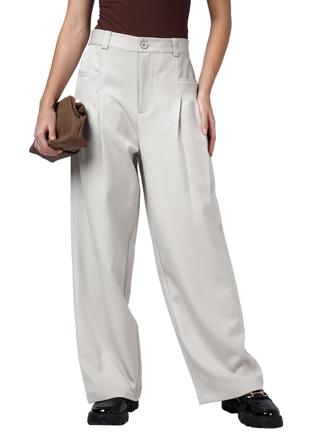 Bewakoof WomenS Solid Oversized Fit Polyester Casual Pants_1004111_Grey_M