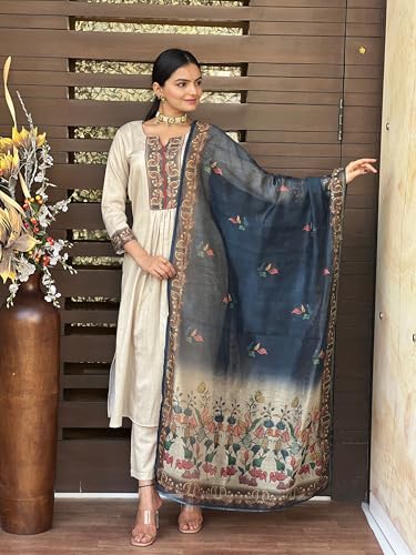 ANNI DESIGNER Womens Rayon Viscose Straight Printed Kurta with Pant & Dupatta (LADKI Cream_S_Cream_Small)
