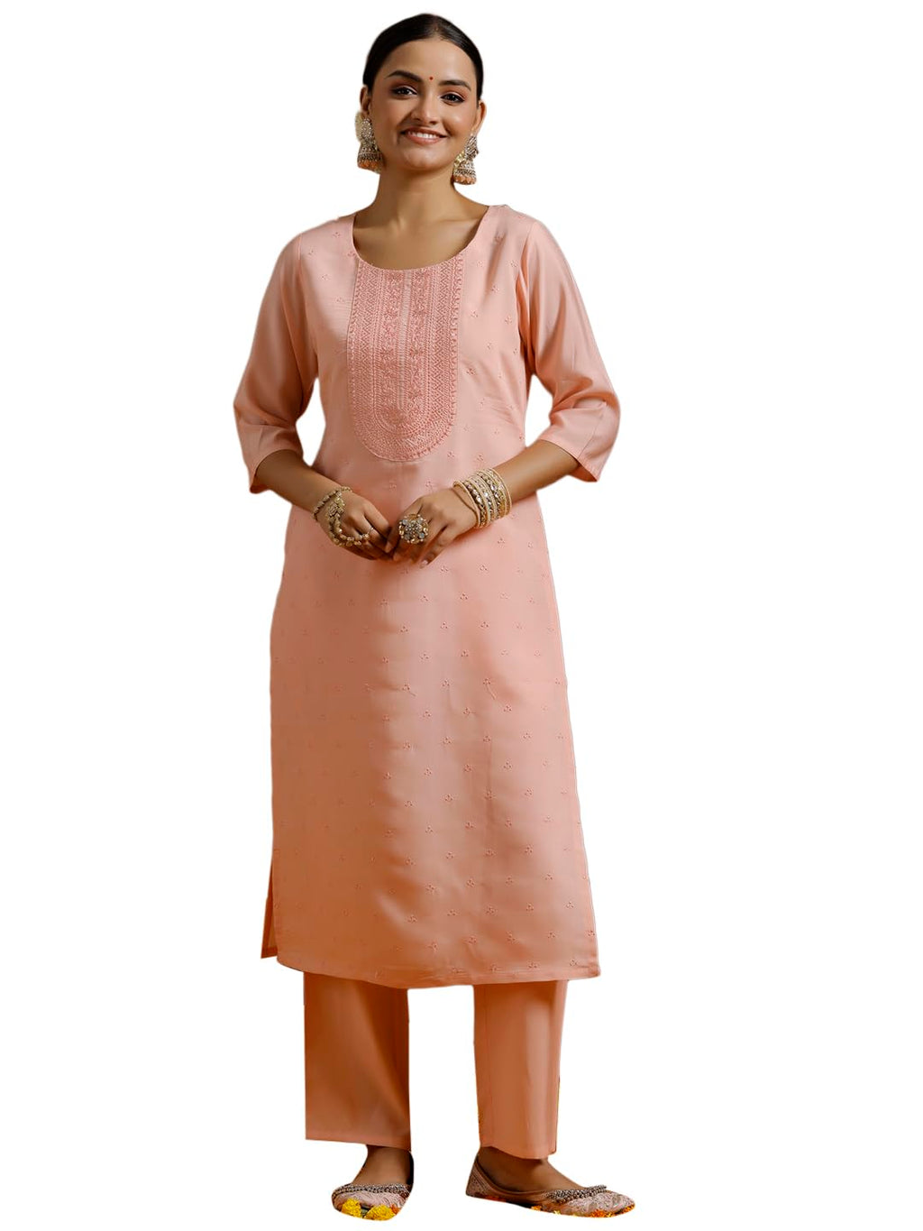 Libas Gerua Womens Embroidered Silk Blend Straight Kurta With Trousers