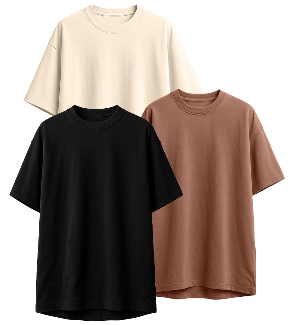 Veirdo Men's Cotton Oversized Fit Short Sleeve Solid Round Neck T-Shirt